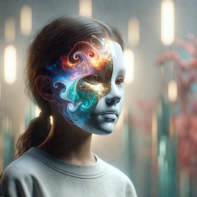 The primary subject of the image is a young girl with a unique and artistic appearance. She has a face painted with a combination of blue, green, and orange colors, giving her a vibrant and creative look. The setting is a room with a backdrop of a wall, and the visual style is a digital art or illustration. The colors and mood of the image are lively and energetic, with the girl's face being the main focus and center of attention.